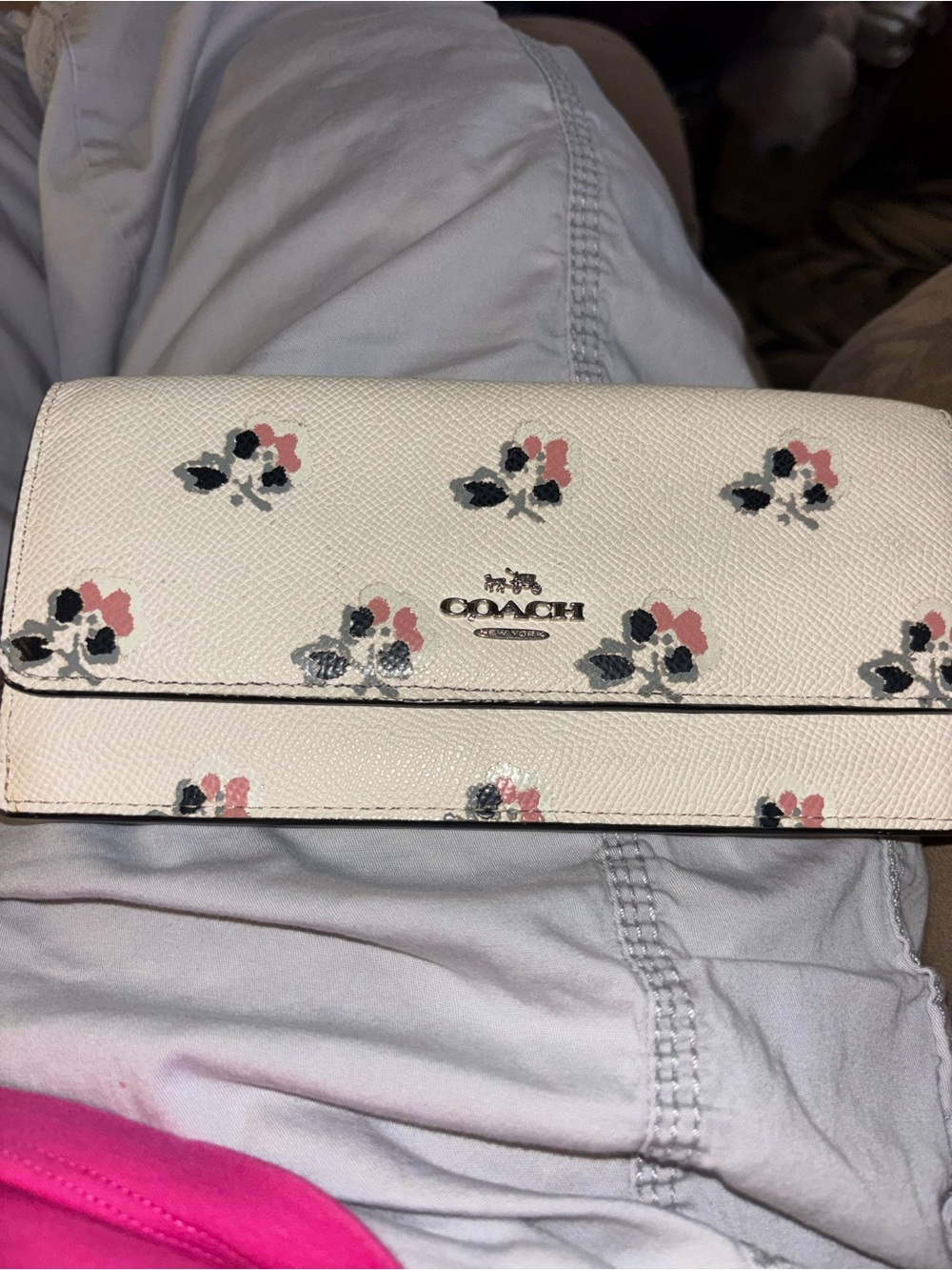 Coach Cream Floral Leather Wallet with Pink and Black Accents